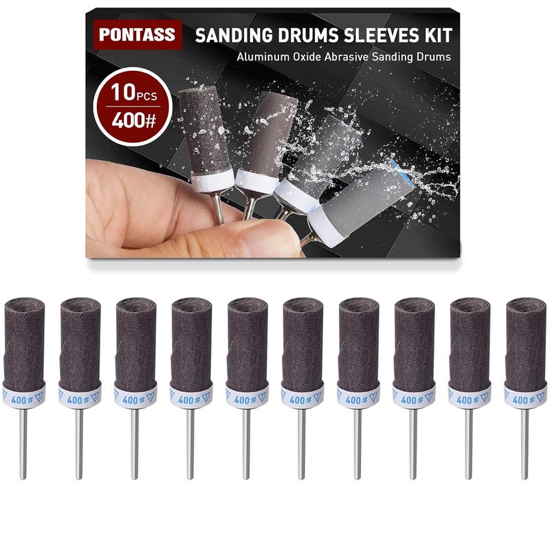 PONTASS 10Pcs 400 Grit Sanding Drums Sandpaper Sticks Set with 1/8"(3mm) Shank for Dremel Rotary Tool, Suitable for Metal Rust Removal/Jade Polishing/Stone Grinding - Image 1
